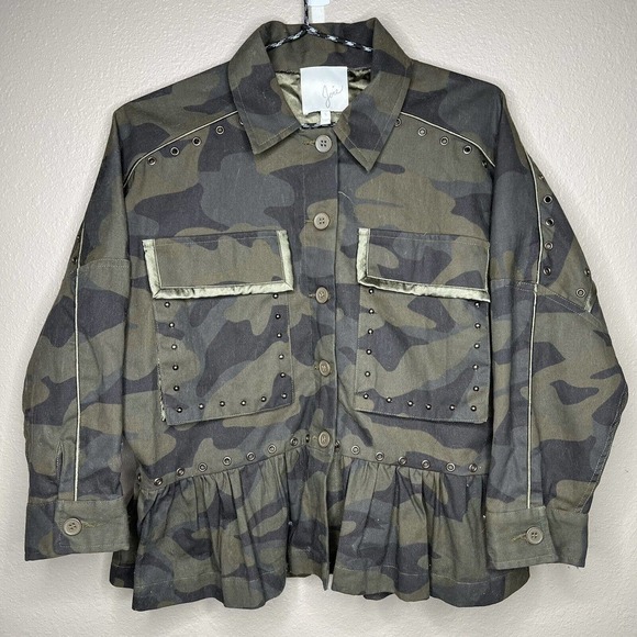 Joie Samia Camo Fatigue Ruffle Hem Peplum ¾ Sleeves Button Up Cargo Jacket Sz S - Picture 11 of 11